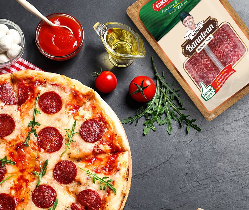 Pizza cu Salam Banățean Cris-Tim și Mozzarella